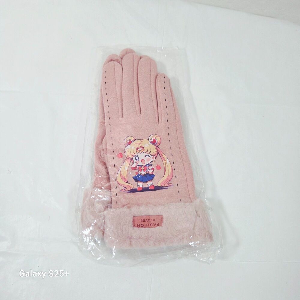 New Sailor Moon Pink Winter Gloves Faux Fur Trim Cuff Anime S/M